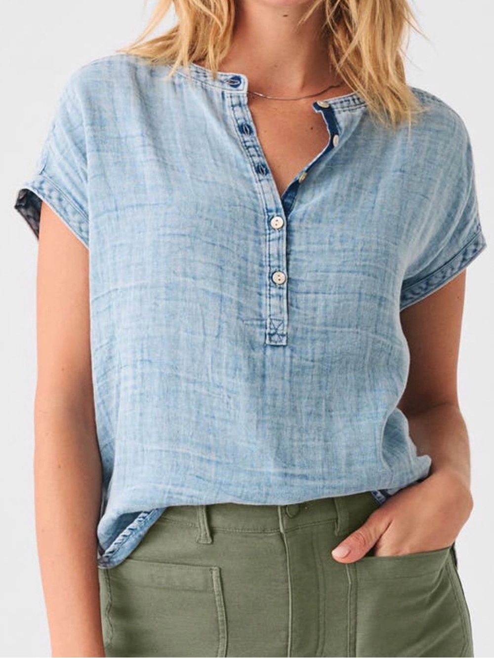 Faherty Desmond Dream Cotton Gauze Short Sleeve Henley Top Blue Medium boho